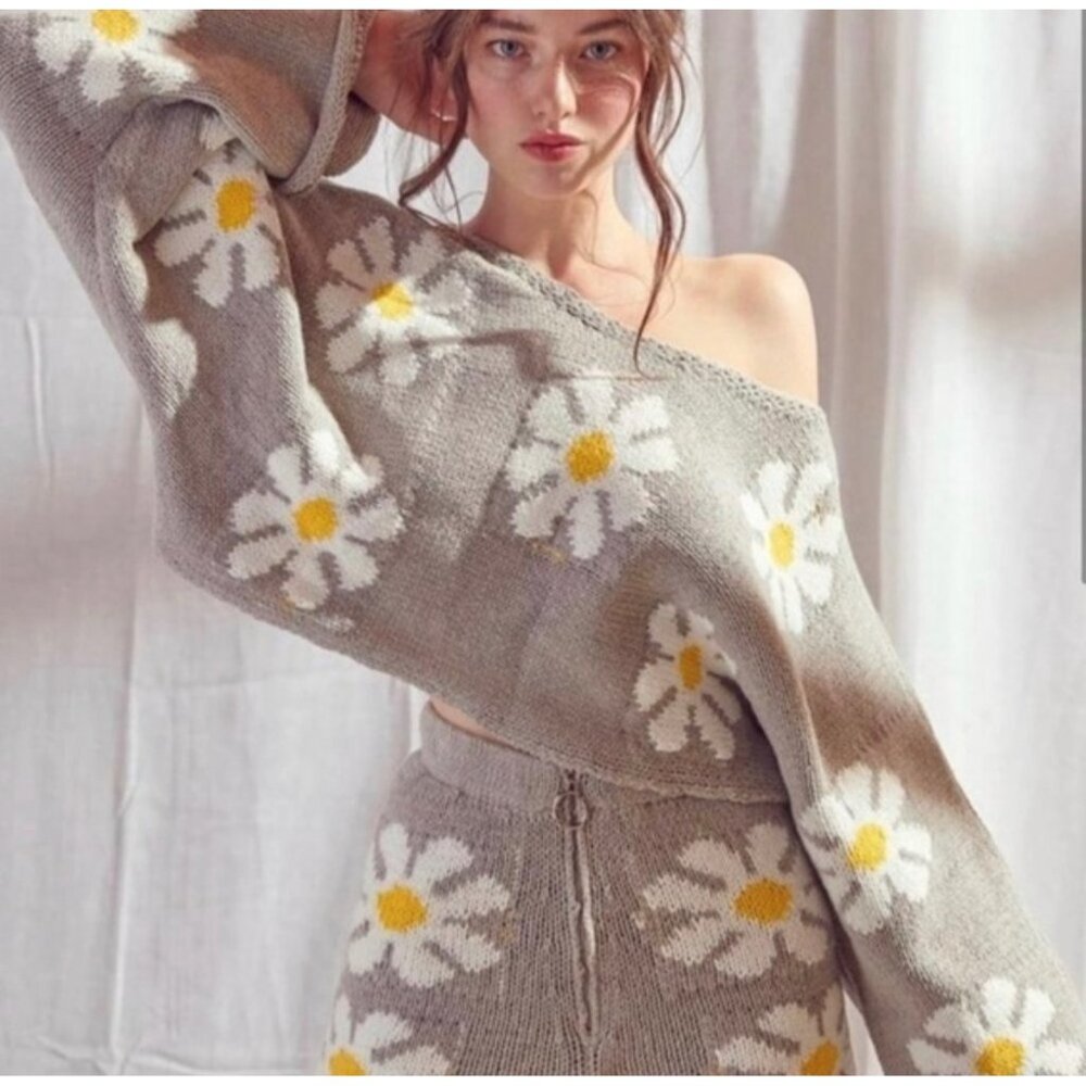 Storia Floral Knitted Shorts Women Large Gray High Rise Lined Boho Daisy floral - Picture 4 of 16